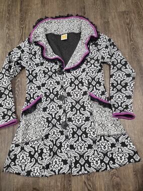 Hand Jive Black White Purple Hand-Made in USA Wearable Art Ruffle Jacket Medium
